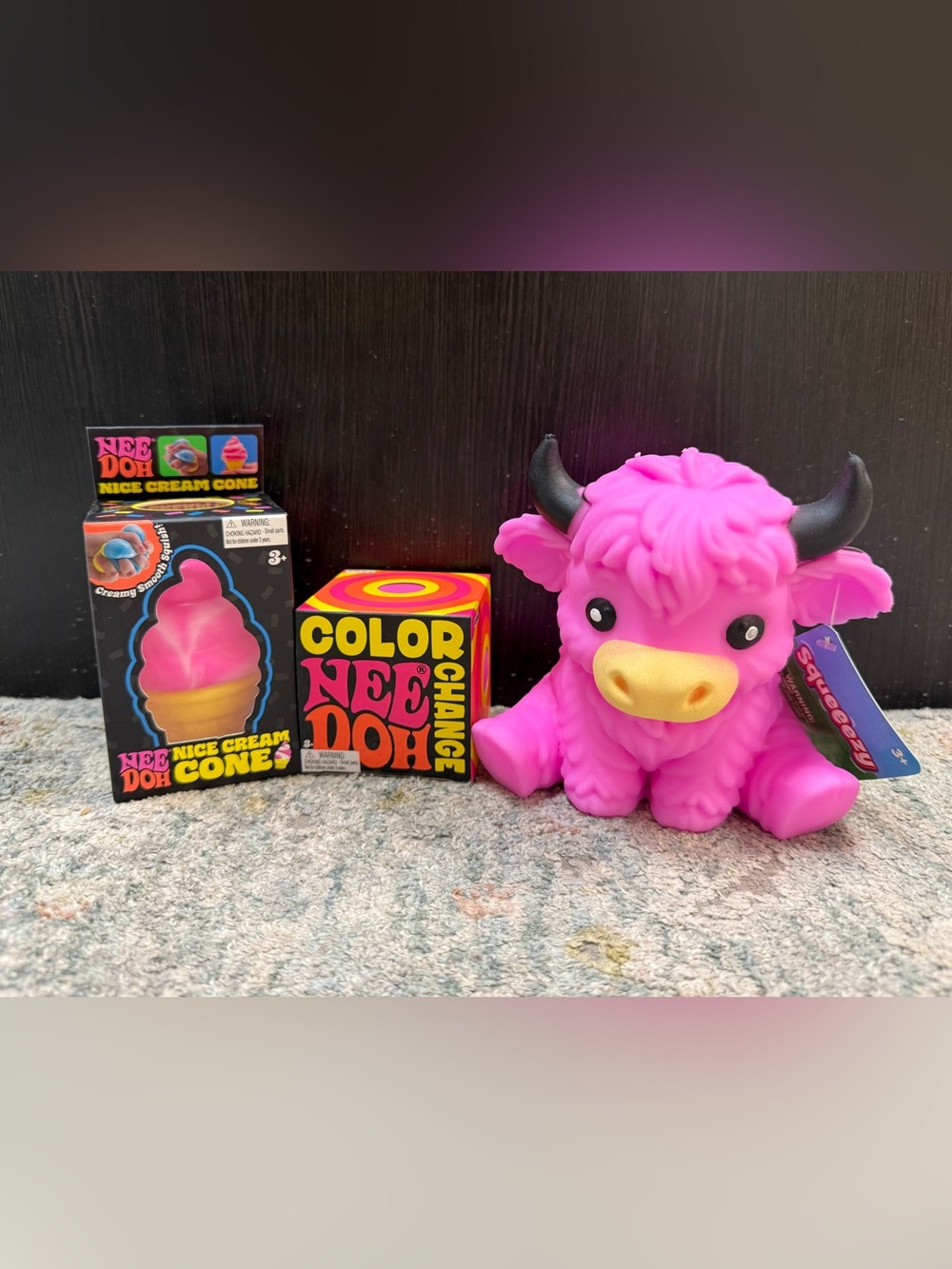 NeeDoh Pink Color-Change & Nice Cream. Pink highland cow Squeeezy.